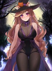 Rule 34 | 1girl, animal ear fluff, animal ears, bare tree, black leotard, blue fire, blush, bodystocking, bow, breasts, brown hair, commentary, commission, english commentary, fire, forest, hat, hazumi aileen, highres, indie virtual youtuber, large breasts, leotard, lion ears, lion girl, lion tail, long hair, looking at viewer, marta (elara 7), moon, nature, pantyhose, purple bow, purple skirt, red eyes, second-party source, skirt, skirt tug, smile, solo, straight-on, tail, tree, very long hair, virtual youtuber, witch hat