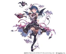 Rule 34 | bat wings, black thighhighs, blue hair, bow, demon wings, dress bow, granblue fantasy, love live!, love live! school idol festival, love live! sunshine!!, official art, solo, standing, standing on one leg, thighhighs, tsushima yoshiko, wings