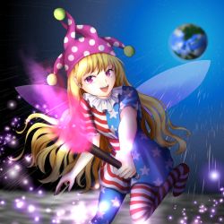 Rule 34 | 1girl, american flag dress, american flag pants, american flag print, arm up, black sky, blonde hair, blue sky, breasts, clownpiece, commentary request, danmaku, dress, earth (planet), fairy wings, fire, gradient sky, hand up, hat, highres, holding, holding torch, jester cap, kyabekko, leg up, long hair, looking to the side, moon, neck ruff, night, night sky, no shoes, open mouth, pants, pantyhose, pink fire, planet, polka dot, print pants, purple eyes, purple hat, short sleeves, sky, small breasts, smile, solo, standing, standing on one leg, star (sky), star (symbol), star print, starry sky, striped clothes, striped dress, striped pants, teeth, tongue, torch, touhou, wings