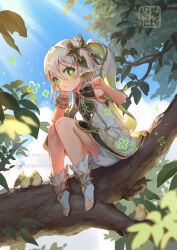 Rule 34 | 1girl, bird, bird on hand, bloomers, blue sky, cape, child, commentary, cross-shaped pupils, day, dress, elbow on knee, full body, genshin impact, gradient hair, green cape, green eyes, green hair, green sleeves, hair between eyes, hair ornament, head rest, kyouran de onikoushi, leaf hair ornament, multicolored hair, nahida (genshin impact), open mouth, outdoors, pointy ears, side ponytail, sitting on branch, sky, sleeveless, sleeveless dress, solo, stirrup footwear, symbol-shaped pupils, toeless footwear, toes, tree, twitter username, underwear, watermark, web address, white bloomers, white dress, white footwear, white hair