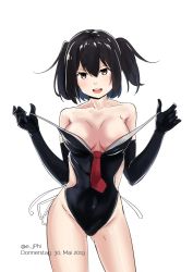 Rule 34 | 1girl, black gloves, black hair, breasts, doushi tatsu to dekkai no, elbow gloves, gloves, highleg, highleg swimsuit, highres, kantai collection, latex, latex gloves, looking at viewer, medium breasts, necktie, one-piece swimsuit, sendai (kancolle), short hair, simple background, solo, swimsuit, twintails, two side up, white background, yellow eyes