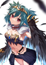 Rule 34 | 1girl, black feathers, black wings, blush, breasts, claws, collar, commentary request, commission, feathered wings, feathers, green hair, hair between eyes, harpy, highres, indie virtual youtuber, kasumi komo, lincoro, monster girl, pointy ears, pubic tattoo, red eyes, short shorts, shorts, simple background, skeb commission, small breasts, solo, stomach tattoo, tattoo, tiara, virtual youtuber, white background, winged arms, wings