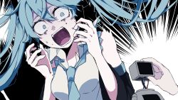 Rule 34 | 1girl, aqua hair, aqua necktie, bare arms, blue eyes, breasts, collared shirt, cropped torso, detached sleeves, eiku, eyelashes, facing away, framed breasts, hair between eyes, hands up, hatsune miku, high collar, highres, long hair, machine, necktie, number tattoo, o o, open mouth, pale skin, scared, shirt, sleeveless, sleeveless shirt, solo, sweatdrop, tattoo, teeth, twintails, vocaloid, white shirt, wide-eyed, wire