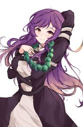 Rule 34 | 1girl, arm up, beads, black dress, brown eyes, brown hair, closed mouth, cross-laced clothes, dress, gradient hair, highres, hijiri byakuren, layered dress, long hair, long sleeves, looking at viewer, multicolored hair, orchid (orukido), prayer beads, purple hair, simple background, smile, solo, standing, touhou, white background, white dress
