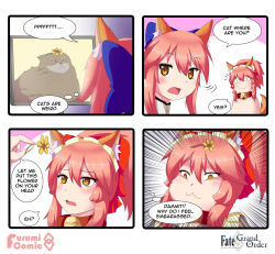 Rule 34 | 2girls, 4koma, :3, animal ears, bell, blue ribbon, breasts, collar, comic, commentary, dual persona, english text, fate/grand order, fate (series), flower, fox ears, fox tail, hair ribbon, highres, jingle bell, keita naruzawa, long hair, meme, multiple girls, neck bell, open mouth, parody, pink hair, ponytail, red ribbon, ribbon, speech bubble, tail, tamamo (fate), tamamo cat (fate), tamamo no mae (fate/extra), yellow eyes