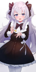 Rule 34 | :d, black bow, black dress, blush, bow, breasts, copyright request, dress, dutch angle, feeding, food, frilled dress, frills, gradient background, grey background, grey eyes, hair between eyes, hair bow, highres, holding, holding spoon, incoming food, liyu (user sfpu5743), long sleeves, looking at viewer, mapo tofu, open mouth, pantyhose, silver hair, small breasts, smile, spoon, teeth, two side up, upper teeth only, virtual youtuber, white background, white bow, white pantyhose
