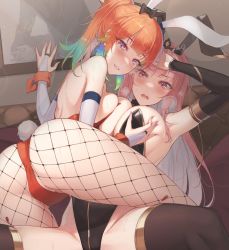 Rule 34 | 2girls, animal ears, armpits, ass, bare shoulders, blush, bow, grabbing another&#039;s breast, breast press, breasts, breasts squeezed together, earrings, eliskalti, fake animal ears, feather earrings, feathers, fishnet legwear, fishnets, grabbing, gradient hair, green hair, highres, hololive, hololive english, jewelry, large breasts, leotard, long hair, looking at viewer, mori calliope, multicolored hair, multiple girls, open mouth, orange hair, pantyhose, pink eyes, pink hair, playboy bunny, ponytail, purple eyes, rabbit ears, rabbit tail, red eyes, smile, spread legs, strapless, strapless leotard, sweat, tail, takanashi kiara, thick thighs, thighhighs, thighs, tiara, virtual youtuber, wrist cuffs, yuri