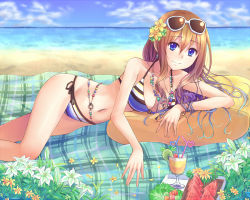 Rule 34 | 1girl, bare arms, bare shoulders, beach, beads, belly chain, bikini, blue eyes, blue hair, breasts, brown hair, cleavage, cloud, cup, day, drink, drinking straw, eyewear on head, flower, food, fruit, gradient hair, hair between eyes, hair flower, hair ornament, halterneck, horizon, jewelry, long hair, looking at viewer, lots of jewelry, lying, matching hair/eyes, medium breasts, multicolored hair, navel, necklace, o-ring, o-ring top, ocean, on side, original, outdoors, plaid, purple hair, side-tie bikini bottom, sky, smile, solo, string bikini, striped bikini, striped clothes, suikakitsu shiro, sunglasses, swimsuit, water, watermelon, xia you qing