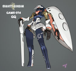 Rule 34 | absurdres, dated, grey background, gun, gundam, highres, holding, holding gun, holding weapon, looking at viewer, mecha, moi moi7, no humans, one-eyed, qubeley, red eyes, redesign, robot, solo, standing, weapon, zeon, zeta gundam