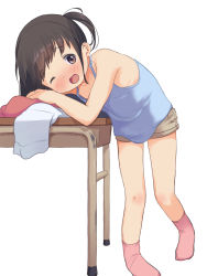 Rule 34 | 1girl, absurdres, anyannko, bad id, bad pixiv id, blush, brown eyes, brown hair, camisole, child, desk, highres, leaning forward, nose blush, one eye closed, open mouth, original, short hair, short twintails, shorts, simple background, smile, socks, solo, twintails, wink