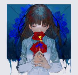 Rule 34 | 1girl, ascot, blue flower, border, brown hair, chikage (chi g0), closed eyes, copyright name, crying, facing viewer, flat chest, flower, highres, ib (ib), ib (kouri), long hair, making-of available, red flower, rose, shirt, solo, tears