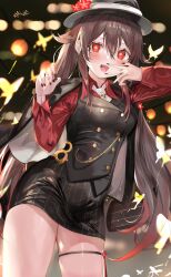 Rule 34 | 1girl, artist name, black jacket, black nails, black skirt, blush, breasts, brown hair, collared shirt, flower-shaped pupils, genshin impact, harune rane, hat, highres, hu tao (genshin impact), hu tao (oneplus) (genshin impact), jacket, jacket on shoulders, long hair, looking at viewer, medium breasts, necktie, official alternate costume, open clothes, open jacket, open mouth, pinstripe pattern, pinstripe skirt, red eyes, red shirt, shirt, skirt, smile, solo, symbol-shaped pupils, thighs, twintails, white necktie