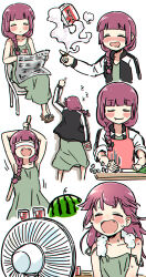 Rule 34 | 1girl, alcohol carton, apron, black jacket, blindfold, blush, bocchi the rock!, braid, chair, chromatic aberration, closed mouth, crossed legs, cutting board, don&#039;t you ever stop (meme), dress, drooling, electric fan, fang, fang out, fangs, food, fruit, geta, green dress, highres, hiroi kikuri, jacket, jewelry, long hair, meme, mouth drool, multiple views, newspaper, nose blush, open mouth, purple hair, ring, single braid, sitting, sleeveless, sleeveless dress, smoke, speed lines, spring onion, suikawari, sweat, toes, torako (toramaru), towel, towel around neck, watermelon, white background, zzz