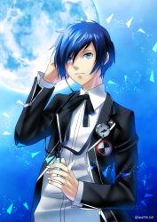 Rule 34 | 1boy, black jacket, black ribbon, blue background, blue eyes, blue hair, collared shirt, dress shirt, full moon, hand in own hair, highres, holding, jacket, long sleeves, male focus, moon, neck ribbon, open clothes, open jacket, parted lips, persona, persona 3, ribbon, sato-pon, shirt, short hair, solo, swept bangs, twitter username, upper body, white shirt, wing collar, yuuki makoto (persona 3)