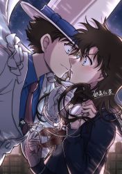 Rule 34 | 1boy, 1girl, :3, absurdres, black sailor collar, black serafuku, black shirt, blue eyes, blue shirt, brown hair, cape, collared shirt, couple, cuffs, eye contact, floating hair, from side, gloves, handcuffs, hetero, highres, holding, imminent kiss, jacket, kaitou kid, long hair, looking at another, magic kaito, nai gai hongcha, nakamori aoko, neckerchief, necktie, night, open mouth, outdoors, red neckerchief, red necktie, sailor collar, sailor shirt, school uniform, serafuku, shirt, short hair, upper body, white cape, white gloves, white jacket, wing collar