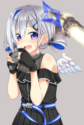 Rule 34 | 1girl, :d, amane kanata, amane kanata (work), bad id, bad pixiv id, bare shoulders, black dress, black gloves, blouse, blue eyes, blue hair, blue wings, breath weapon, controller, crack, dress, feathered wings, flo (guilty hearts), game controller, gloves, grey hair, grey shirt, hair between eyes, hair ornament, hair rings, hairclip, hands up, highres, holding, hololive, mini wings, monster hunter (series), monster hunter rise, mouth beam, multicolored hair, off-shoulder dress, off shoulder, open mouth, partially fingerless gloves, pleated dress, rajang, shirt, sleeveless, sleeveless shirt, smile, solo focus, sweat, two-tone hair, virtual youtuber, white wings, wings