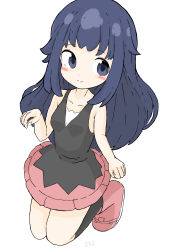 Rule 34 | 1girl, absurdres, bare arms, bare shoulders, black socks, black tank top, blue eyes, blue hair, blush stickers, boots, closed mouth, collarbone, commentary request, creatures (company), dawn (pokemon), game freak, hand up, highres, kneehighs, kneeling, long hair, looking at viewer, nintendo, pink footwear, pink skirt, pokemon, pokemon dppt, rururu (pyrk8855), simple background, skirt, smile, socks, solo, tank top, very long hair, white background