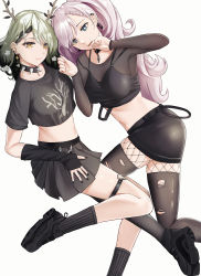 Rule 34 | 2girls, absurdres, antlers, black choker, black collar, black footwear, black shirt, black skirt, black sleeves, black socks, black thighhighs, blue eyes, braid, braided bangs, breasts, bustier, ceres fauna, chain, choker, collar, cropped shirt, ear piercing, earrings, emo fashion, fishnets, flower, goth fashion, green hair, hair flower, hair ornament, highres, hololive, hololive english, hololive indonesia, horns, jewelry, large breasts, long hair, mchiefy, medium breasts, midriff, miniskirt, multiple girls, navel, parted lips, pavolia reine, piercing, pink hair, pleated skirt, shirt, shoes, short sleeves, side ponytail, simple background, skirt, sneakers, socks, spiked collar, spikes, swept bangs, t-shirt, thighhighs, torn clothes, torn legwear, very long hair, virtual youtuber, white background, white flower, yellow eyes, zettai ryouiki