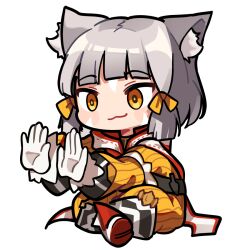 Rule 34 | 1girl, animal ear fluff, animal ears, blush stickers, chibi, closed mouth, commentary request, facial mark, farrel kb, full body, gloves, grey hair, hair ribbon, jumpsuit, long sleeves, nia (xenoblade), puffy long sleeves, puffy sleeves, ribbon, shoe soles, sitting, smile, solo, transparent background, white gloves, xenoblade chronicles (series), xenoblade chronicles 2, yellow jumpsuit, yellow ribbon