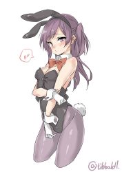 Rule 34 | 10s, 1girl, alternate costume, animal ears, bad id, bad twitter id, bare shoulders, blush, bow, bowtie, breasts, buttons, cleavage, cowboy shot, cropped legs, detached collar, ebifurya, eyebrows, fake animal ears, fake tail, gloves, groin, hagikaze (kancolle), highres, inactive account, kantai collection, leotard, long hair, looking at viewer, medium breasts, pantyhose, playboy bunny, purple eyes, purple hair, purple pantyhose, rabbit ears, rabbit tail, red bow, red bowtie, side ponytail, simple background, solo, speech bubble, spoken blush, strapless, tail, twitter username, white background, white gloves, wrist cuffs