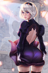 Rule 34 | 1girl, ass, ass grab, ass support, back, back cutout, black dress, black gloves, black hairband, black thighhighs, blue eyes, bob cut, breasts, clothes lift, clothing cutout, commentary, cowboy shot, day, deviantart username, dress, dress lift, english commentary, feather-trimmed sleeves, feather trim, from behind, gloves, grabbing, grabbing own ass, hair between eyes, hairband, hands on ass, highres, indoors, juliet sleeves, legs apart, light rays, long sleeves, looking at viewer, looking back, medium breasts, mole, mole on back, mole on thigh, mole under mouth, nier:automata, nier (series), nose, parted lips, patreon username, photoshop (medium), pink lips, prywinko, puffy sleeves, reflection, short hair, signature, solo, standing, sunbeam, sunlight, teeth, thighhighs, vambraces, watermark, web address, white hair, wind, wind lift, 2b (nier:automata)