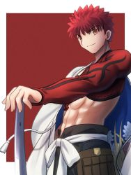 Rule 34 | 1boy, black pants, border, bow, closed mouth, cowboy shot, emiya shirou, fate/grand order, fate (series), hand up, highres, looking at viewer, looking to the side, male focus, outside border, pants, red eyes, red hair, sash, senji muramasa (fate), shoori (migiha), short hair, smile, solo, spiked hair, standing, tassel
