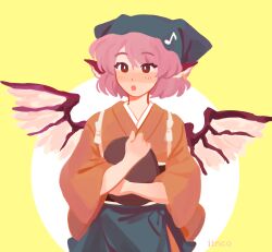 Rule 34 | 1girl, :o, animal ears, apron, artist name, bird ears, bird wings, blue apron, blue headwear, blush, bright pupils, brown kimono, circle, commentary, earrings, eighth note, english commentary, han&#039;eri, head scarf, highres, holding, holding tray, hoop earrings, iincos, japanese clothes, jewelry, kimono, long sleeves, looking at viewer, musical note, musical note print, mystia lorelei, hugging object, okamisty, parted lips, pink hair, red eyes, short hair, single earring, sleeves past elbows, solo, swept bangs, tasuki, touhou, touhou mystia&#039;s izakaya, tray, two-tone background, upper body, waist apron, white pupils, wide sleeves, wings, yellow background