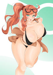 Rule 34 | 1girl, bare shoulders, bikini, black bikini, blush, breasts, cleavage, collarbone, cowboy shot, creatures (company), curvy, game freak, glasses on head, green background, green eyes, hair ornament, heart, heart hair ornament, highres, huge breasts, jacket, leaning forward, long hair, looking at viewer, molu, moluscoo, nintendo, off shoulder, open mouth, orange hair, pokemon, pokemon swsh, side ponytail, solo, sonia (pokemon), standing, standing on one leg, swimsuit, thick thighs, thighs, two-tone background, wide hips