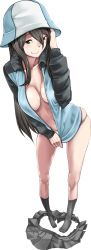 Rule 34 | 1girl, blue hat, blue jacket, breasts, brown eyes, brown hair, closed mouth, clothes pull, commentary, full body, girls und panzer, grey skirt, grey socks, hand on own head, hat, highres, jacket, jacket tug, keizoku military uniform, konoshita kiyomasa, large breasts, leaning forward, legs, long hair, long sleeves, looking at viewer, medium breasts, mika (girls und panzer), military, military uniform, navel, no bra, no pants, no shirt, open clothes, open jacket, panties, pleated skirt, raglan sleeves, simple background, skindentation, skirt, skirt pull, smile, socks, solo, standing, track jacket, underwear, uniform, white background, white panties