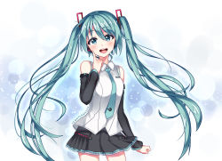 Rule 34 | 1girl, absurdres, aqua eyes, aqua hair, artist name, black skirt, blue necktie, blush, collared shirt, commentary, cowboy shot, detached sleeves, hand on own face, hatsune miku, headphones, headset, helen phan, highres, long hair, looking at viewer, necktie, open mouth, shirt, signature, skirt, smile, solo, standing, twintails, very long hair, vocaloid, white shirt, wing collar