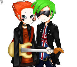 Rule 34 | alternate costume, alternate hairstyle, artist request, electric guitar, ferb fletcher, green hair, guitar, heavy metal, instrument, phineas and ferb, phineas flynn, punk, red hair, short hair, siblings