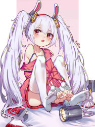 Rule 34 | 1girl, absurdres, animal ears, arms between legs, azur lane, bei hua, blush, character name, collarbone, commentary, english commentary, fake animal ears, feet, full body, hairband, highres, jacket, knees up, laffey (azur lane), light purple hair, long hair, looking at viewer, open mouth, pink jacket, pleated skirt, rabbit ears, red eyes, red skirt, shoes, unworn shoes, sidelocks, sitting, skirt, soles, solo, spaghetti strap, strap slip, thighhighs, toes, twintails, very long hair, white thighhighs