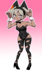 Rule 34 | 1girl, animal ears, bare shoulders, bbtan, bea (pokemon), black leotard, black neckwear, black thighhighs, blush, bow, bowtie, breasts, cleavage, collarbone, cosplay, creatures (company), dark-skinned female, dark skin, detached collar, fake animal ears, female focus, full body, game freak, gen 4 pokemon, gym leader, hair between eyes, high heels, highres, large breasts, leotard, lopunny, lopunny (cosplay), mega lopunny, mega lopunny (cosplay), mega pokemon, nintendo, playboy bunny, pokemon, pokemon swsh, rabbit ears, rabbit tail, shoes, short hair, silver hair, sleeveless, solo, standing, strapless, strapless leotard, sweat, tail, thighhighs, torn clothes, torn thighhighs, wrist cuffs