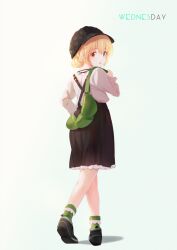 Rule 34 | 1girl, alternate costume, alternate hairstyle, black footwear, black headwear, black skirt, blonde hair, blue eyes, blush, casual, chestnut mouth, commentary request, frilled skirt, frilled sleeves, frilled socks, frills, from behind, green background, green bag, green socks, hair between eyes, hand up, heterochromia, high-waist skirt, long sleeves, looking at viewer, looking back, nakatsu shizuru, open mouth, rewrite, shirt, simple background, skirt, socks, solo, standing, suspender skirt, suspenders, tagame (tagamecat), tiptoes, white shirt, yellow eyes