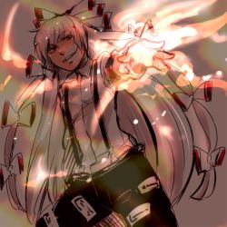 Rule 34 | 1girl, artist request, bwb33, female focus, fire, foreshortening, fujiwara no mokou, grin, hair ribbon, long hair, outstretched arm, outstretched hand, pants, red eyes, ribbon, shirt, silver hair, smile, smirk, solo, suspenders, touhou, twilight, white shirt