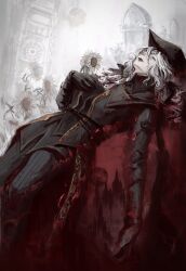 Rule 34 | 1girl, ascot, blood, blood on clothes, blood stain, bloodborne, cape, closed eyes, flower, gloves, hat, highres, huanyan420112, lady maria of the astral clocktower, long hair, pale skin, solo, tricorne, white ascot, white hair