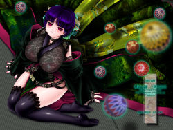 Rule 34 | 1girl, belt, breasts, chichi kurage ss, huge breasts, japanese clothes, kimono, large breasts, no bra, purple hair, red eyes, short hair, sitting, solo, thighhighs