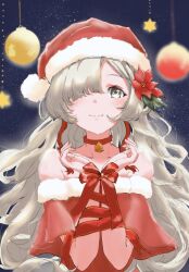 bell blush bound bound_wrists christmas christmas_ornaments dress flower grey_eyes grey_hair haaaaaasi hair_ornament hair_over_eyes hair_over_one_eye hat highres isekaijoucho jingle_bell kamitsubaki_studio light_smile neck_bell orb poinsettia red_ribbon ribbon santa_costume santa_dress santa_hat sky smile