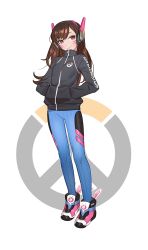 Rule 34 | 1girl, animal ears, animal print, black jacket, bodysuit, boots, brown eyes, brown hair, closed mouth, clothes writing, d.va (overwatch), emblem, eyebrows, facepaint, facial mark, full body, gwayo, hands in pockets, headphones, highres, jacket, logo, long hair, long sleeves, looking at viewer, overwatch, overwatch 1, rabbit ears, rabbit print, smile, solo, standing, whisker markings, white background