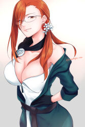 Rule 34 | 1girl, aozaki touko, breasts, cleavage, fate (series), glasses, highres, iwanaga tm, large breasts, long hair, looking at viewer, lord el-melloi ii case files, orange eyes, orange hair, simple background, solo, type-moon, upper body, white background