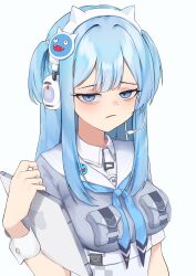Rule 34 | 1girl, bags under eyes, blue eyes, blue hair, breasts, dera self, frown, glaring, goddess of victory: nikke, grey shirt, headset, hetero, highres, holding, holding tablet pc, long hair, looking at viewer, medium breasts, open mouth, sailor collar, school uniform, shifty (nikke), shirt, simple background, solo, table, tablet pc, unamused, white background, white sailor collar, wrist cuffs