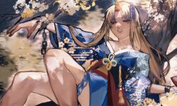 Rule 34 | 1girl, absurdres, blonde hair, blue kimono, breasts, heinrich (fernanderuddle), highres, horns, hoshiguma yuugi, hoshiguma yuugi (kimono), japanese clothes, kimono, large breasts, long hair, looking at viewer, single horn, sitting, touhou, very long hair