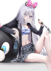 Rule 34 | 1girl, animal ears, bare legs, black jacket, black skirt, blue eyes, blue shirt, bottle, bow, breasts, crop top, fake animal ears, feet out of frame, hair bow, hairband, hand up, highres, holding, holding sword, holding weapon, jacket, knee up, long hair, long sleeves, looking at viewer, medium breasts, midriff, miniskirt, navel, nekometaru, open clothes, open jacket, open mouth, plaid, plaid skirt, pleated skirt, reverse grip, shibou yuugi de meshi o kuu, shirt, sitting, skirt, solo, stomach, striped clothes, striped shirt, sword, thighs, very long hair, water bottle, weapon, white hair, yuuki (shibou yuugi)
