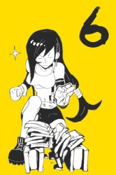 Rule 34 | 1990s (style), artist request, black hair, boots, breaking, breasts, closed eyes, final fantasy, final fantasy vii, full body, large breasts, long hair, monochrome, ponytail, retro artstyle, simple background, tagme, tank top, tifa lockhart, yellow background, yellow theme