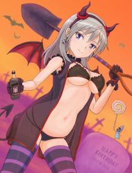 Rule 34 | 1girl, aurora e. juutilainen, black bra, black gloves, black panties, black thighhighs, blue eyes, blush, bottle, bra, breasts, cleavage, closed mouth, cosplay, demon girl, demon horns, demon tail, demon wings, earrings, fake horns, fake tail, fake wings, fang, gloves, grey hair, halloween, highres, holding, holding bottle, horns, jewelry, keicha (kmoekaki), large breasts, lingerie, looking at viewer, medium hair, navel, panties, shiny skin, shovel, sleeveless, smile, solo, strike witches: aurora no majo, tail, thighhighs, underwear, wings, world witches series
