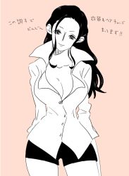 Rule 34 | 1girl, black hair, breasts, buttons, center opening, chikichiki (robitema), cleavage, collarbone, collared shirt, cowboy shot, curvy, dress shirt, female focus, hair slicked back, head tilt, japanese text, large breasts, light smile, long hair, long sleeves, looking at viewer, monochrome, nico robin, no bra, oekaki, one piece, partially colored, pink background, shirt, short shorts, shorts, simple background, smile, solo, text focus, thighs, translation request, wide hips