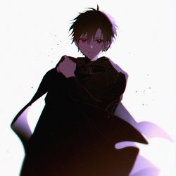 Rule 34 | 1boy, backlighting, black hair, black robe, black scarf, dust, eoneu nal gongjuga doeeobeoryeotda, frown, hand up, highres, long sleeves, looking at viewer, lucas (eoneu nal gongjuga doeeobeoryeotda), male focus, red eyes, robe, scarf, simple background, solo, upper body, white background, wind, xuanqing0726