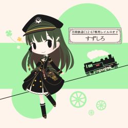 Rule 34 | 1girl, black eyes, black footwear, blush, boots, chibi, closed mouth, cobalta, green hair, knee boots, long hair, looking at viewer, rail romanesque, smile, solo, train, translation request
