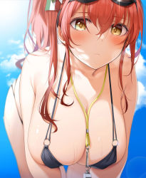 Rule 34 | 1girl, azur lane, bare shoulders, bikini, black bikini, blush, breasts, cleavage, collarbone, fed (giba), goggles, goggles on head, highres, large breasts, leaning forward, long hair, looking at viewer, o-ring, o-ring bikini, official alternate costume, red hair, side ponytail, sidelocks, solo, swimsuit, wet, whistle, whistle around neck, yellow eyes, zara (azur lane), zara (poolside coincidence) (azur lane)