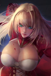 Rule 34 | 10s, 1girl, ahoge, blonde hair, blood, blood on breasts, blood on face, breasts, cleavage, cleavage cutout, clothing cutout, dress, dripping, epaulettes, fate/extra, fate (series), fighting stance, green eyes, hair intakes, highres, large breasts, lips, long hair, looking at viewer, nero claudius (fate), nero claudius (fate) (all), nero claudius (fate/extra), parted lips, plaster (2501), red dress, solo, upper body, v-shaped eyebrows